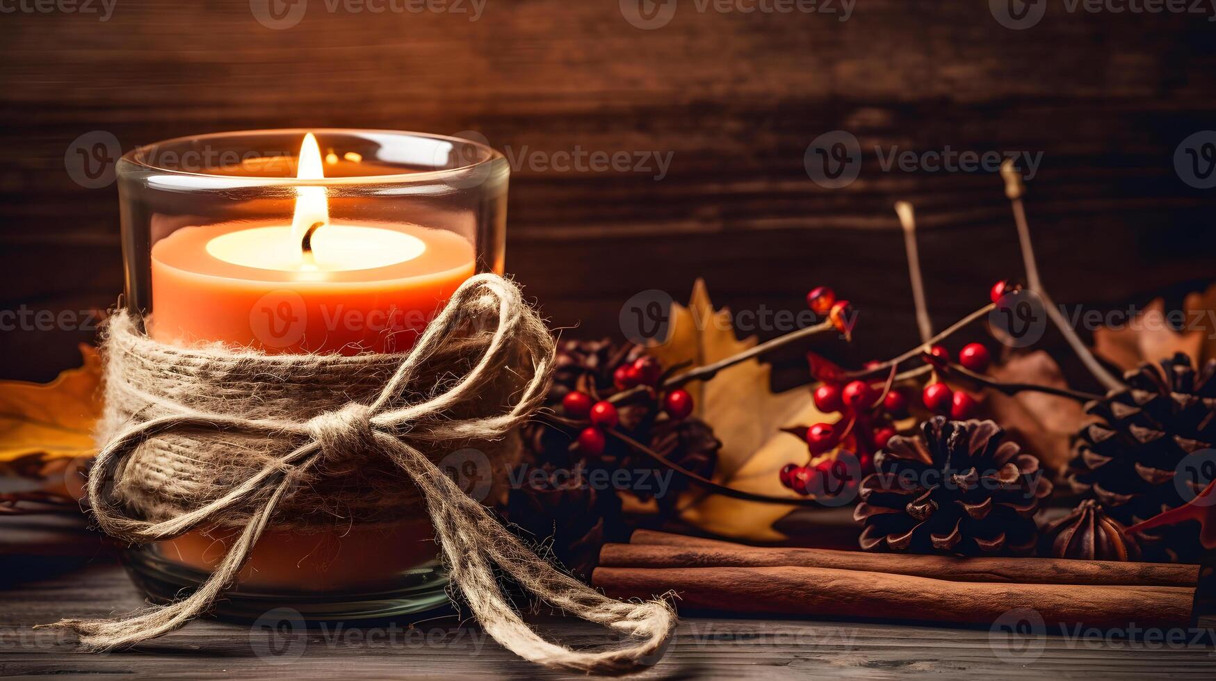 AI generated candle with autumn decorations on wooden background photo