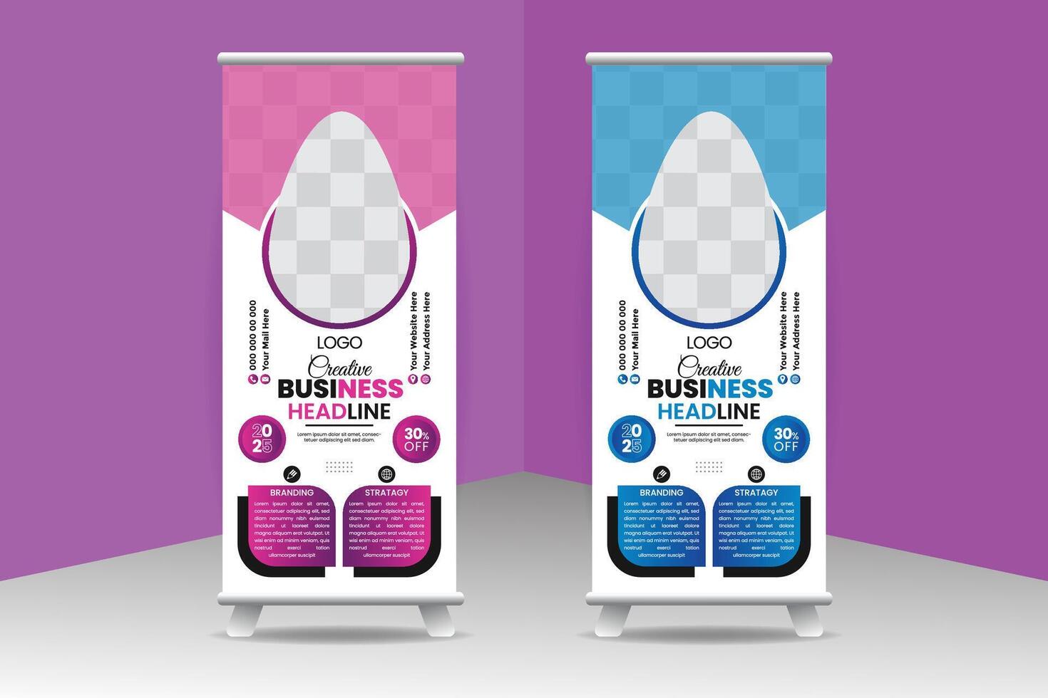 Creative roll up banner design template with shapes. vector