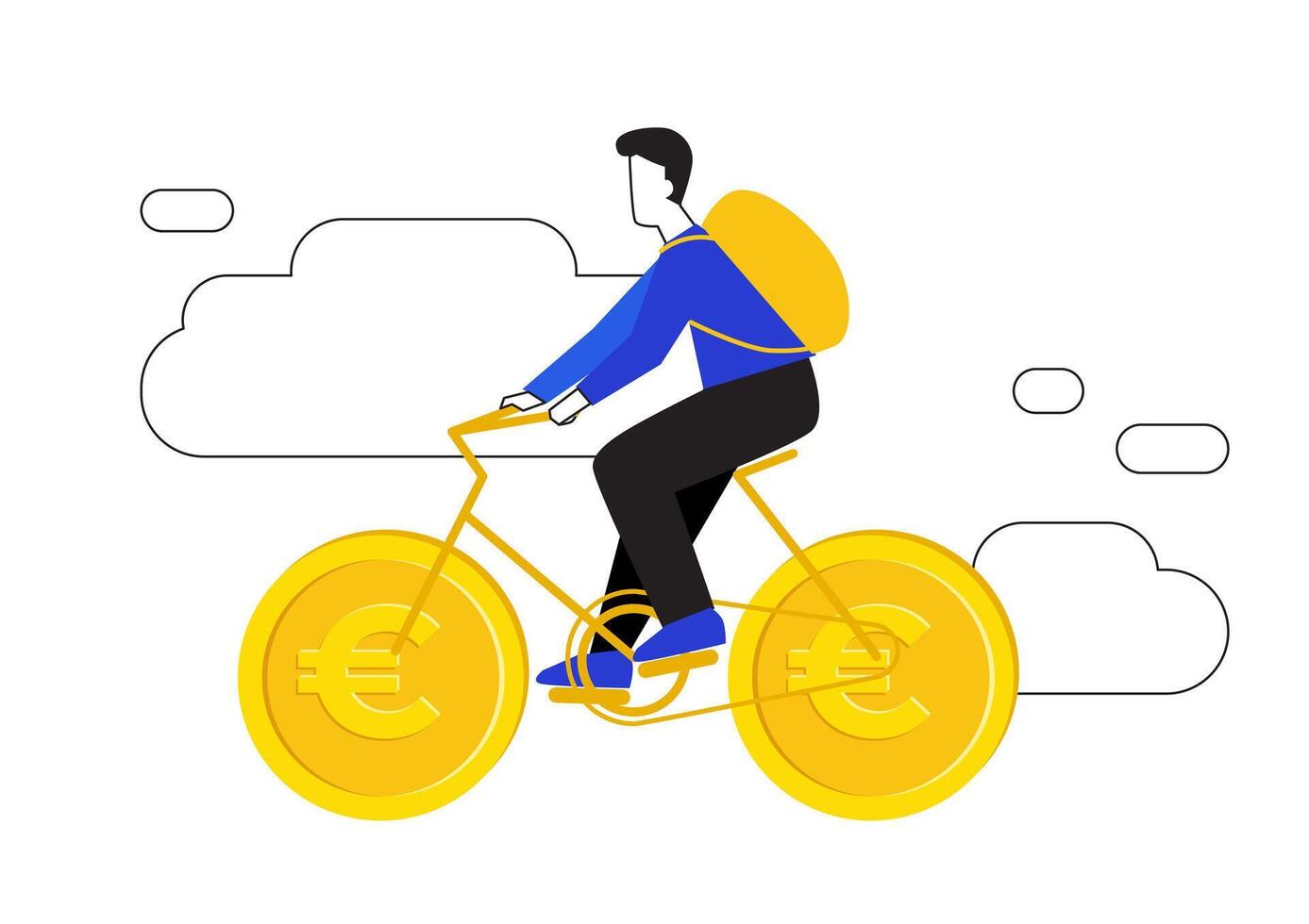 World Bicycle day. World car free day. Bicycle with wheels in the form of coins. City without traffic, ecology, resource saving concept. Budget. Financial difficulties. Cyclist rides a bike vector