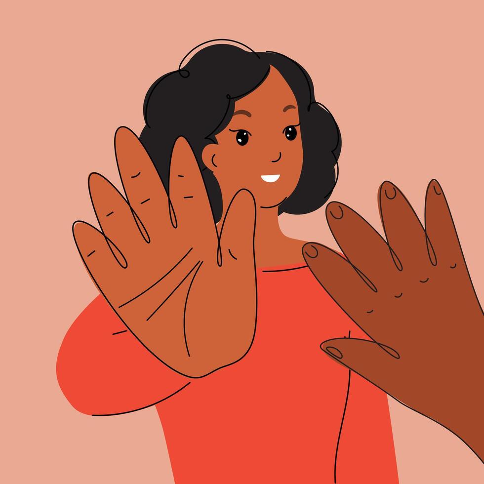 Woman high five to another person. Teamwork. Woman greets with her hand. Moment of success. Person is satisfied with the result of the work. Woman is proud of herself. vector