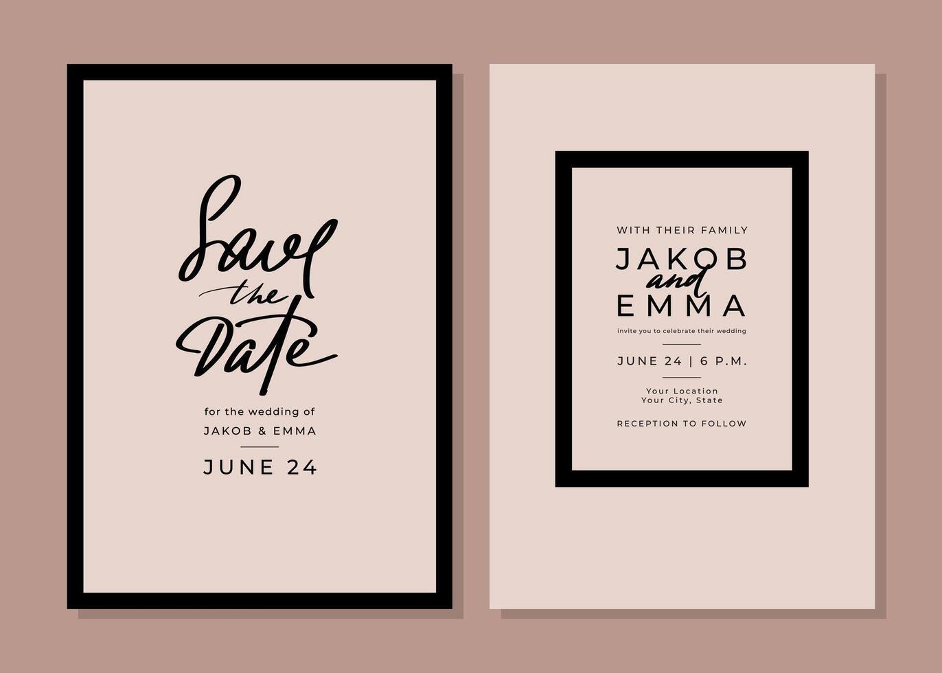 Set of wedding invitation cards. Classical style black and beige templates. Save the date. Layout design with handwritten typography and frame. RSVP vector