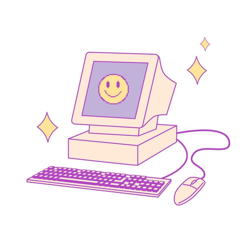 Retro computer, monitor, keyboard, mouse. 2000s style technology. Old style gadget. Nostalgia of 1990s, 2000s electronics devices. Y2K and retrowave style illustration vector