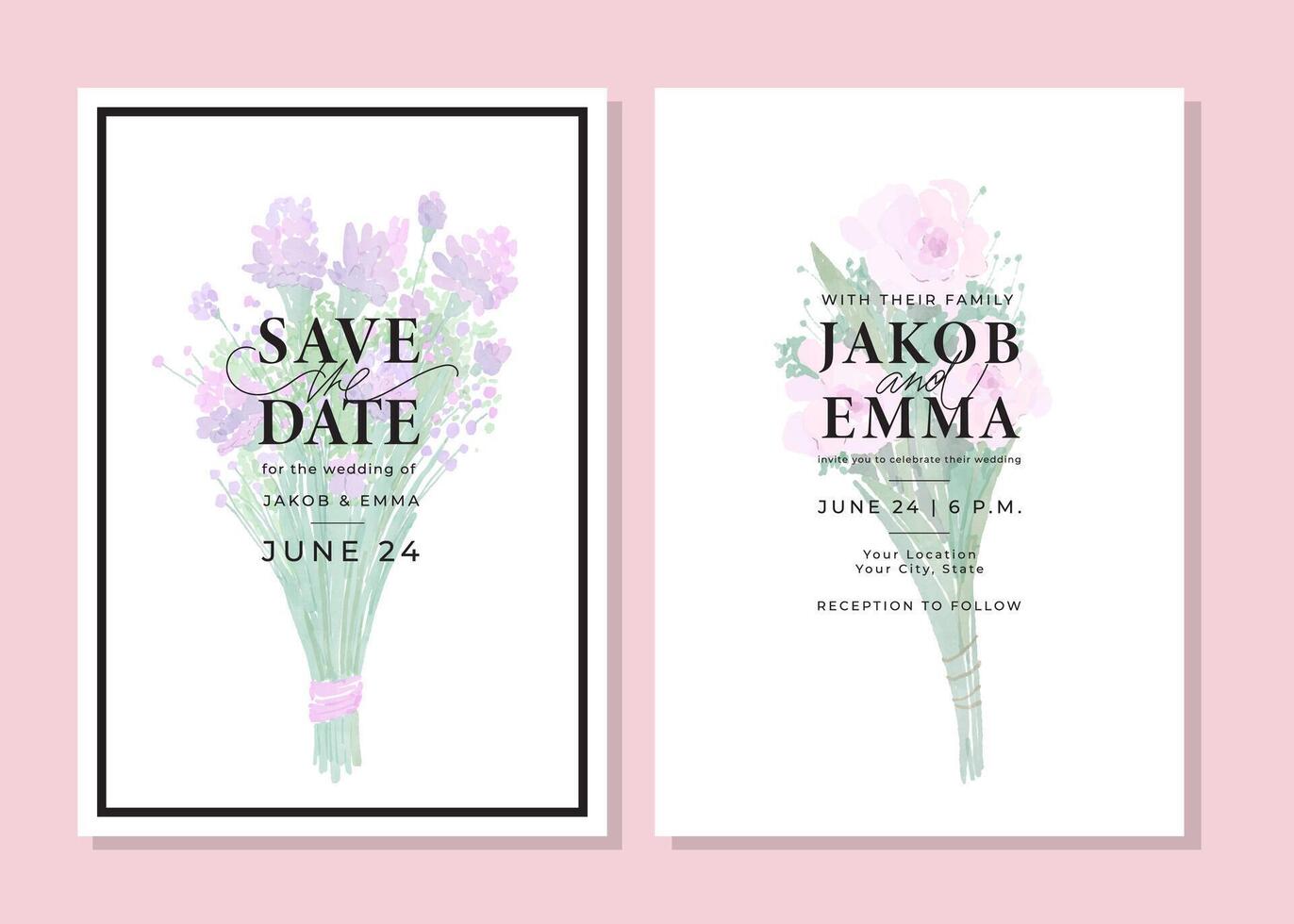 Set of wedding invitation cards. Watercolor templates with bouquet of flowers. Purple wildflowers, roses. Save the date. Layout design with hand drawn botanical elements. vector