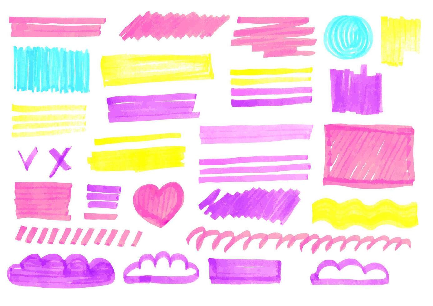 Set of hand drawn colorful highlighter design elements. Marker color strokes, lines, heart. Talk bubbles, text boxes. Vector illustration. Marker underlines. Frames and borders