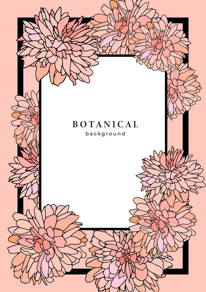 Template with pink wild flower and black frame. Art Nouveau style floral pattern. Vintage frame design with flower bud elements for banner, poster, placard, flyer, cover vector