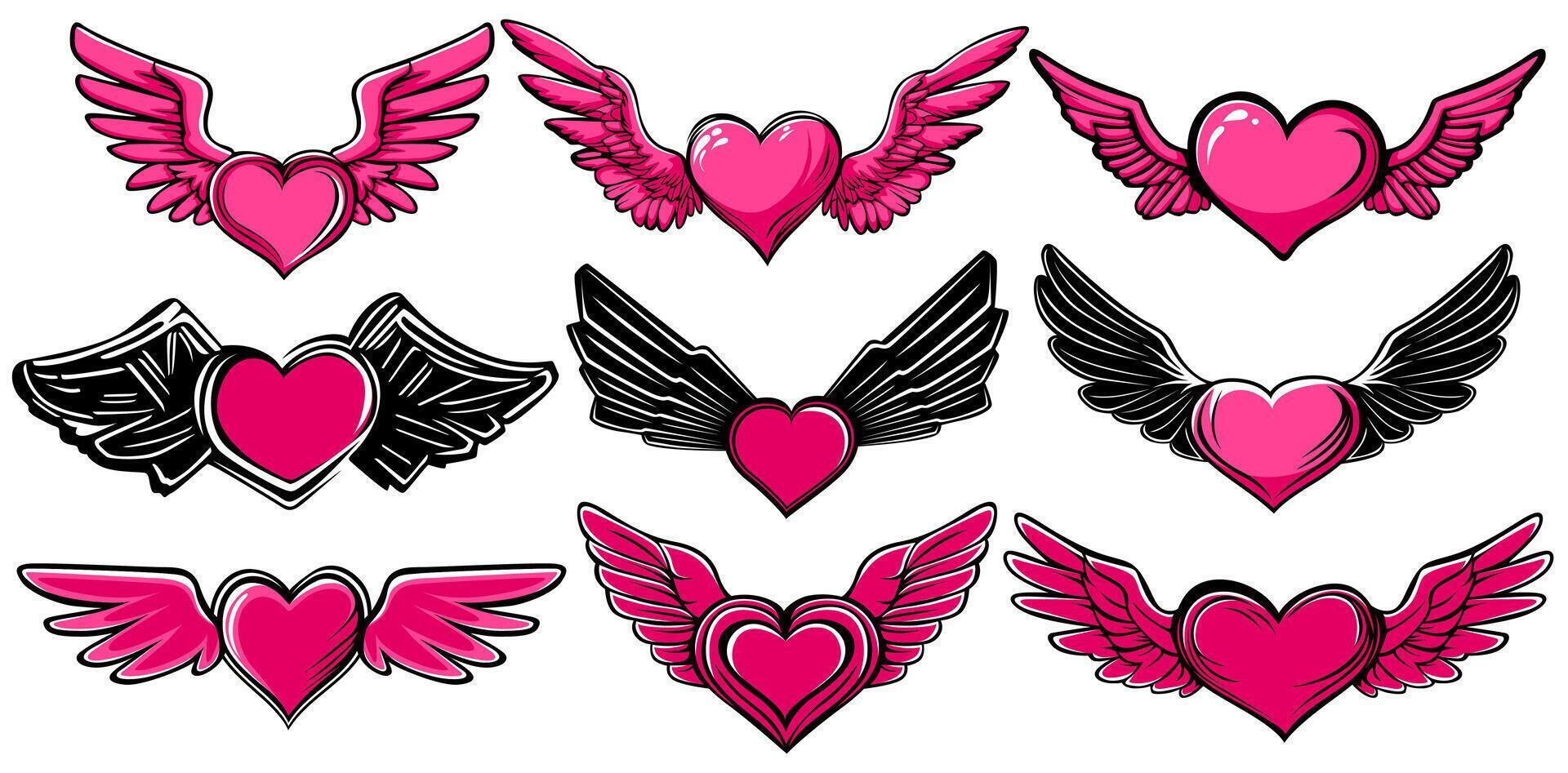 conjunto corazón ángel icono. rosado amor con ala pegatina diseño vector ilustración