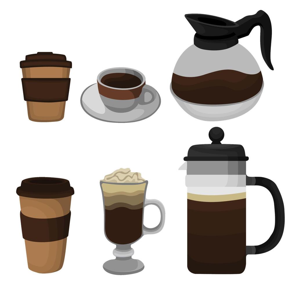 conjunto café taza icono. café maceta dibujos animados vector ilustración