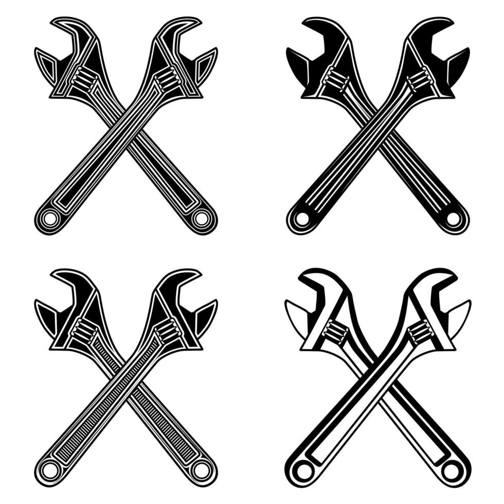 set Crossed Adjustable wrench icon symbol. Repair tools Monochrome design vector Illustration
