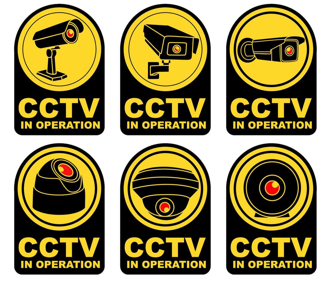 conjunto colecciones etiquetas firmar cctv en operación. seguridad cámara pegatina diseño vector ilustración