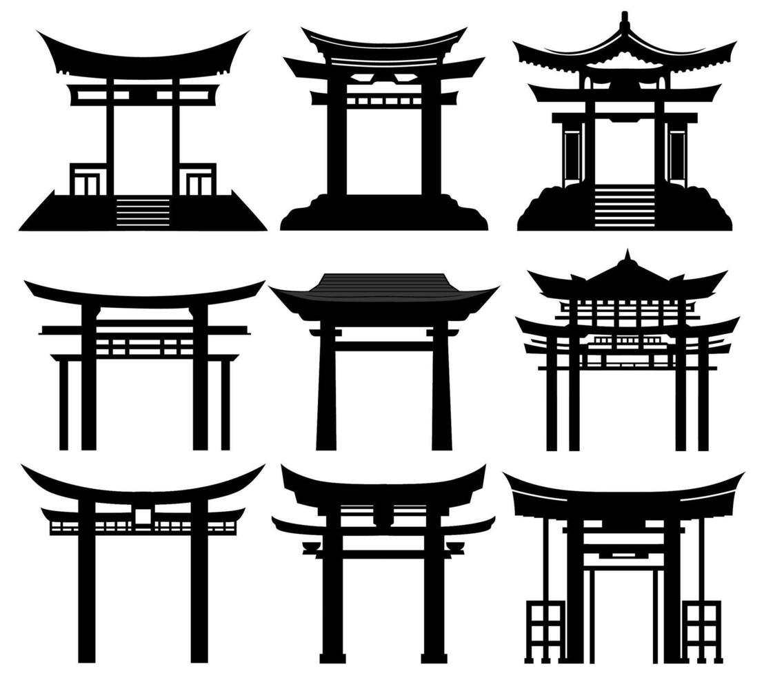 conjunto japonés tradicional portón silueta icono símbolo. torii portón diseño vector ilustración