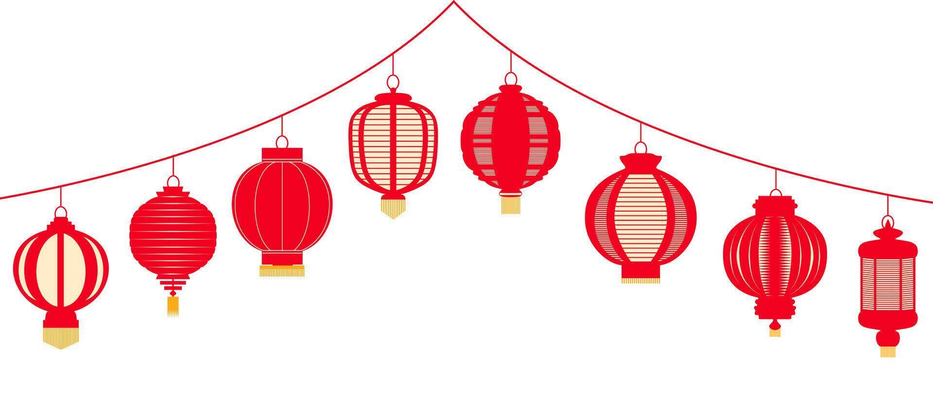 conjunto colgando chino linterna icono. lunar festival decoración diseño vector ilustración