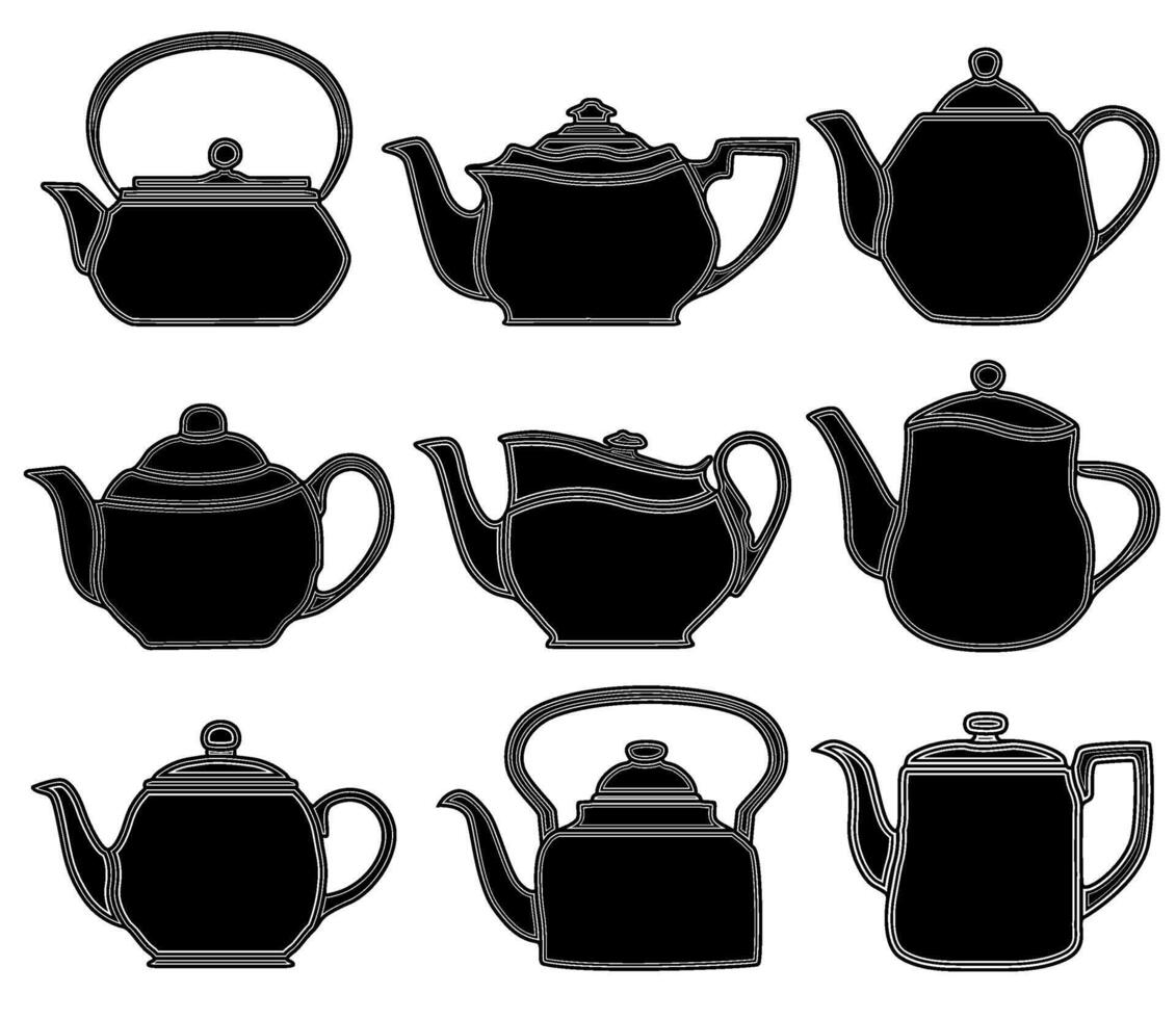 conjunto colecciones tetera negro icono símbolo. cafetera diseño modelo vector ilustración
