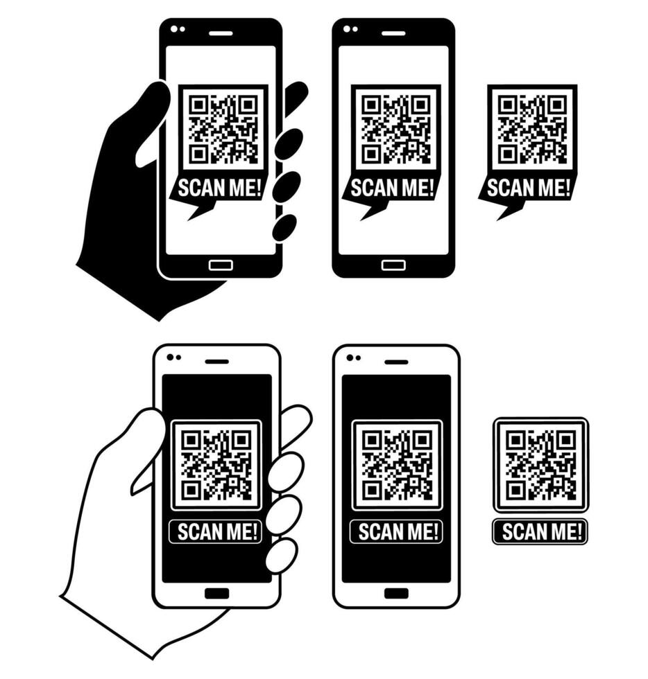Set vector Holding smartphone Scan me Icon. QR code Barcode template design