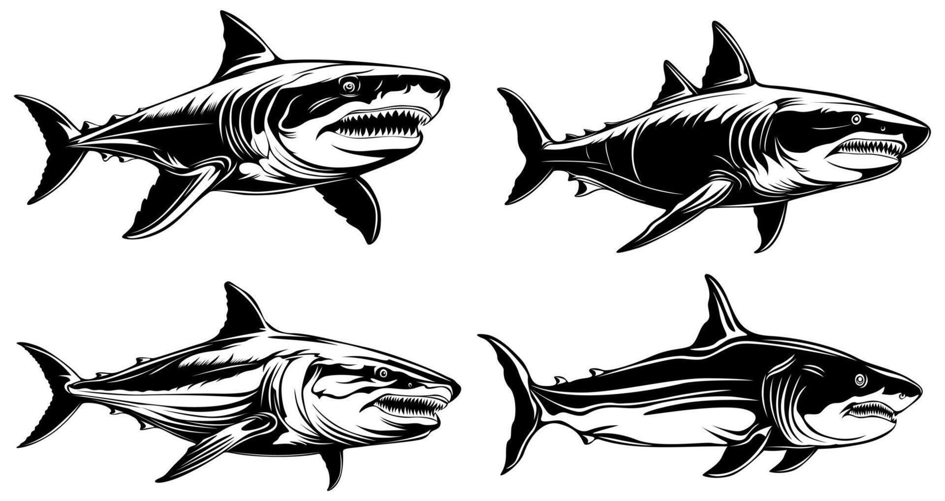 conjunto enojado tiburón icono monocromo diseño vector ilustración