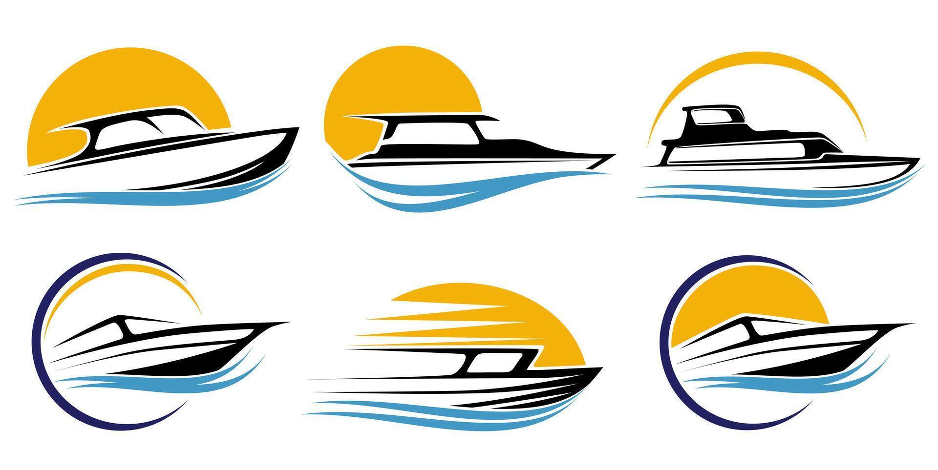 conjunto velocidad barco logo icono. barco brillante Dom Oceano ola símbolo diseño vector ilustración