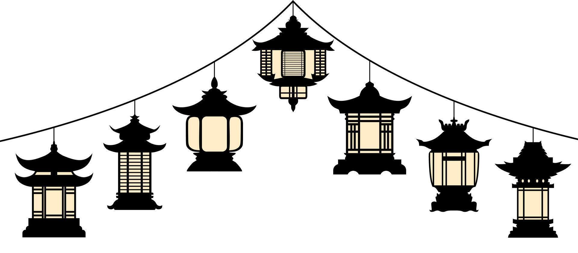 set Japanese lamp hanging lanterns silhouette icon design vector illustration