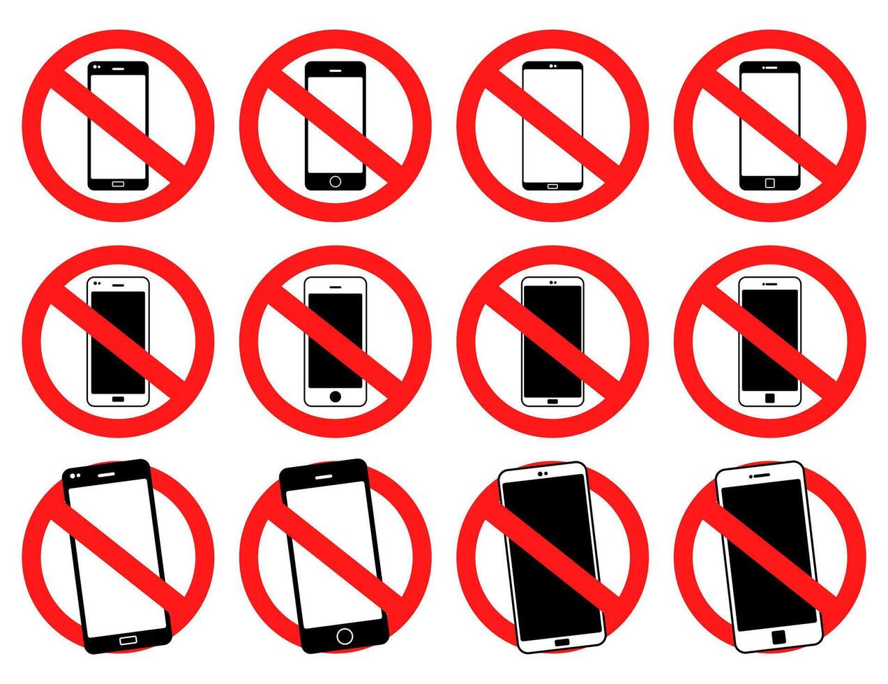 set no smartphones prohibited sign. Smartphones forbidden round sticker vector illustration