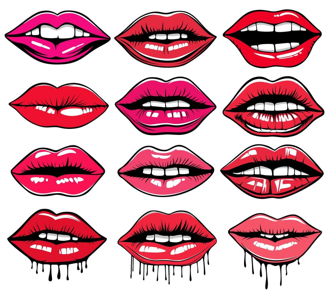 set beautiful lips icon tattoo sticker design vector illustration