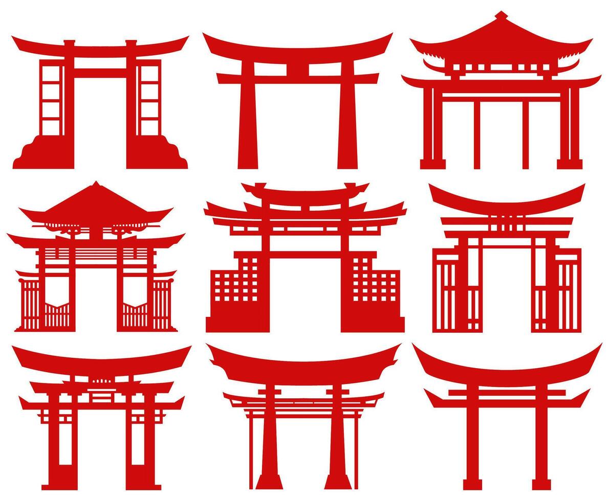 conjunto japonés tradicional portón icono símbolo. rojo torii portón diseño vector ilustración