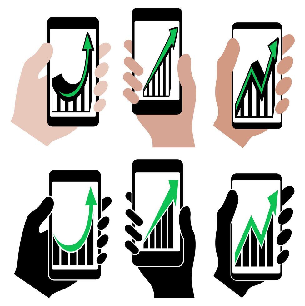 Set Holding Smartphones arrow growing up symbol design vector illustration