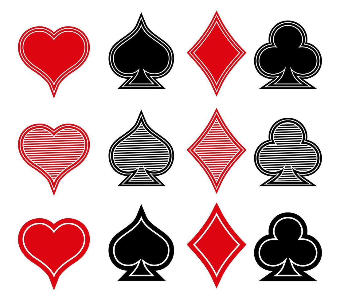 Set Playing Card Suit icon symbol. Hearts, Spades, Diamonds, Clubs black Poker vector lllustration design