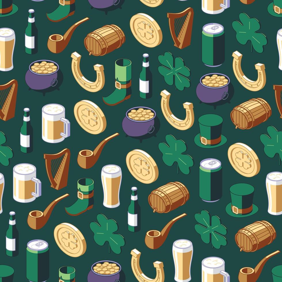 Colorful isometric St Patrick's Day seamless pattern on green background vector