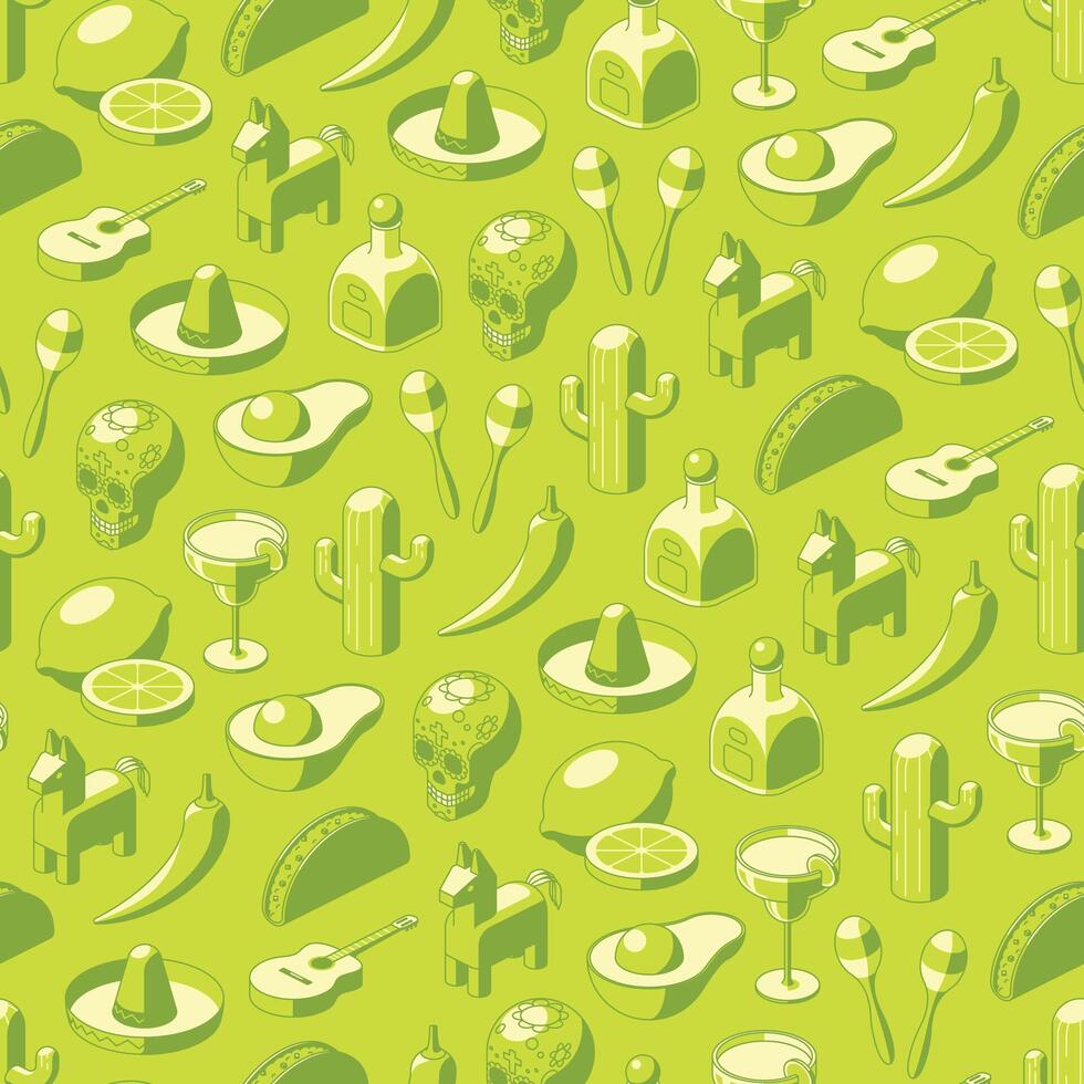 Subtle green on green Cinco de Mayo seamless pattern of isometric icons vector