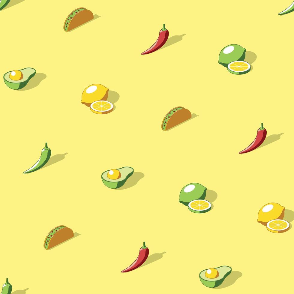 Isometric mexican food seamless pattern on yellow background vector