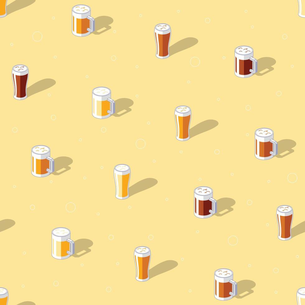 Seamless pattern of glass of beer in various color on yellow background vector