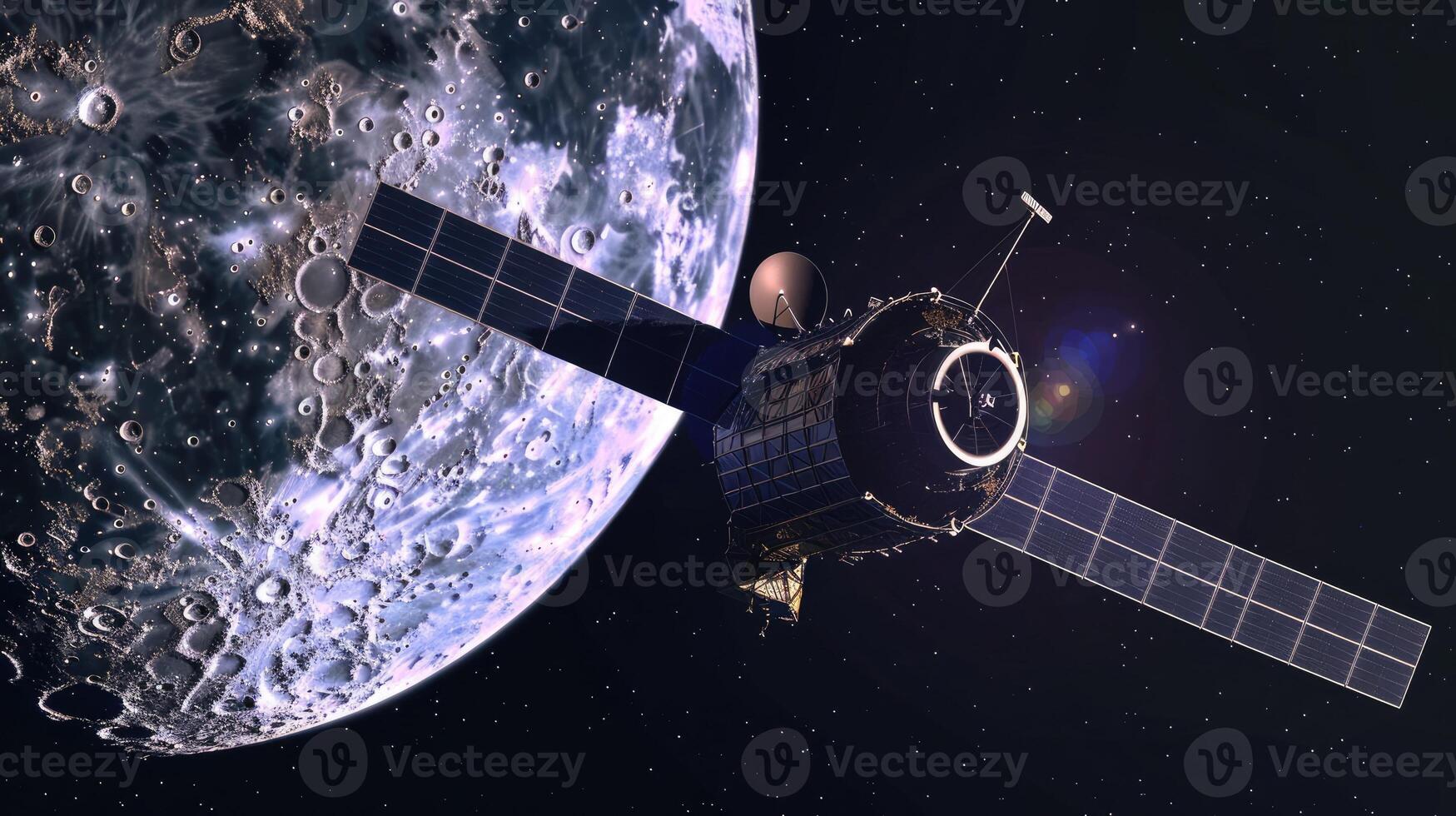 AI generated Stunning realistic space scene with a detailed satellite orbiting a moon filled with craters, set against a starry sky photo