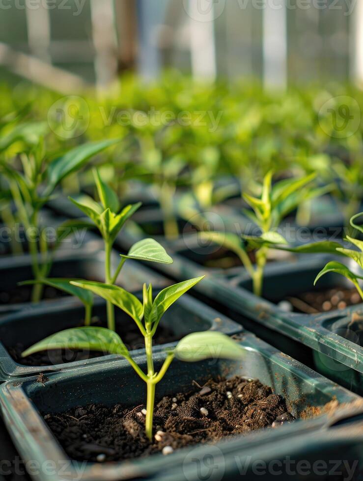 AI generated Cultivation row of chilli sprout growing in soil tray photo