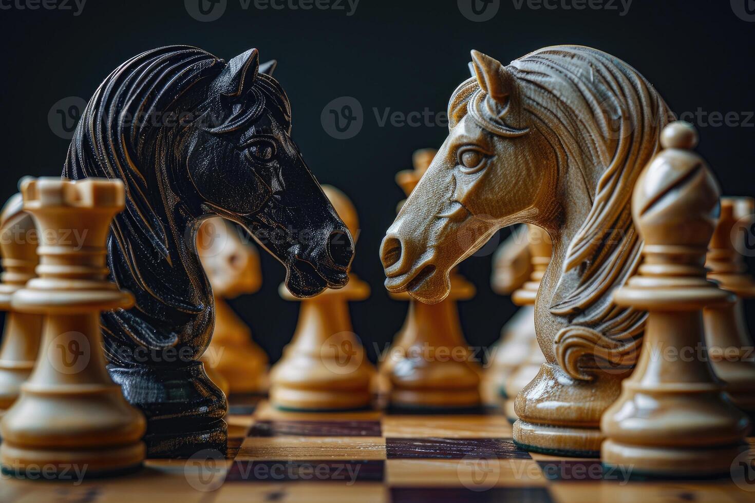 AI generated Two chess knights face each other in a tense moment on the chessboard photo