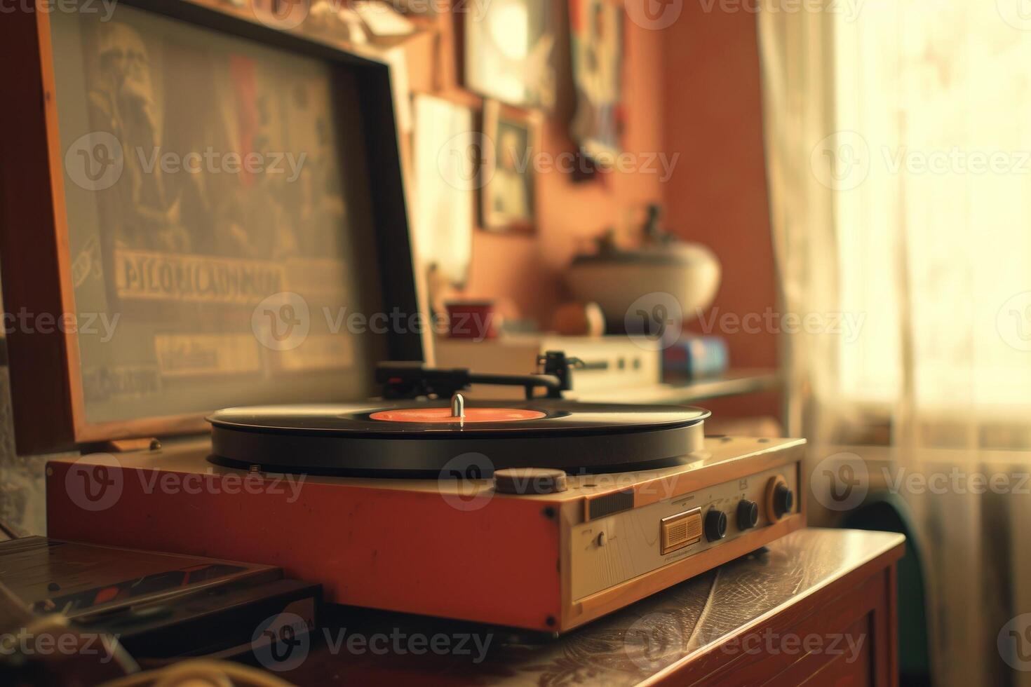 AI generated Closeup of a vintage record player turntable inside a cozy room. photo