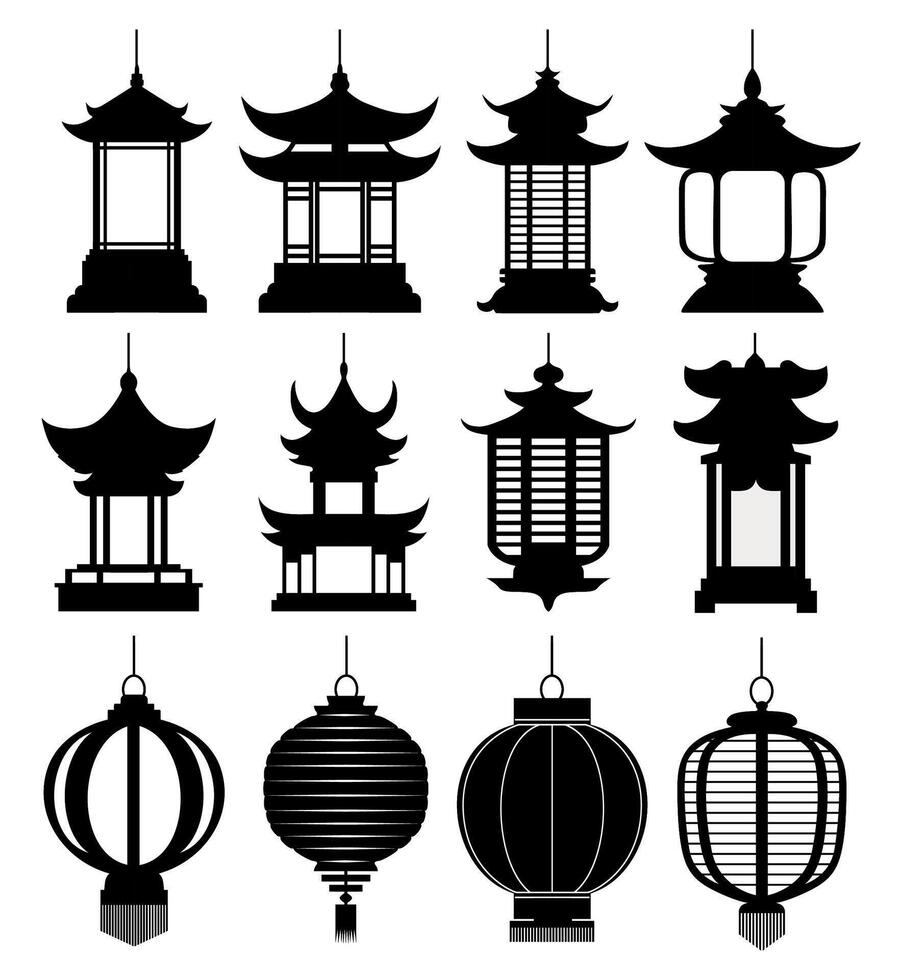 Set hanging Japanese lanterns silhouette icon design vector Illustration