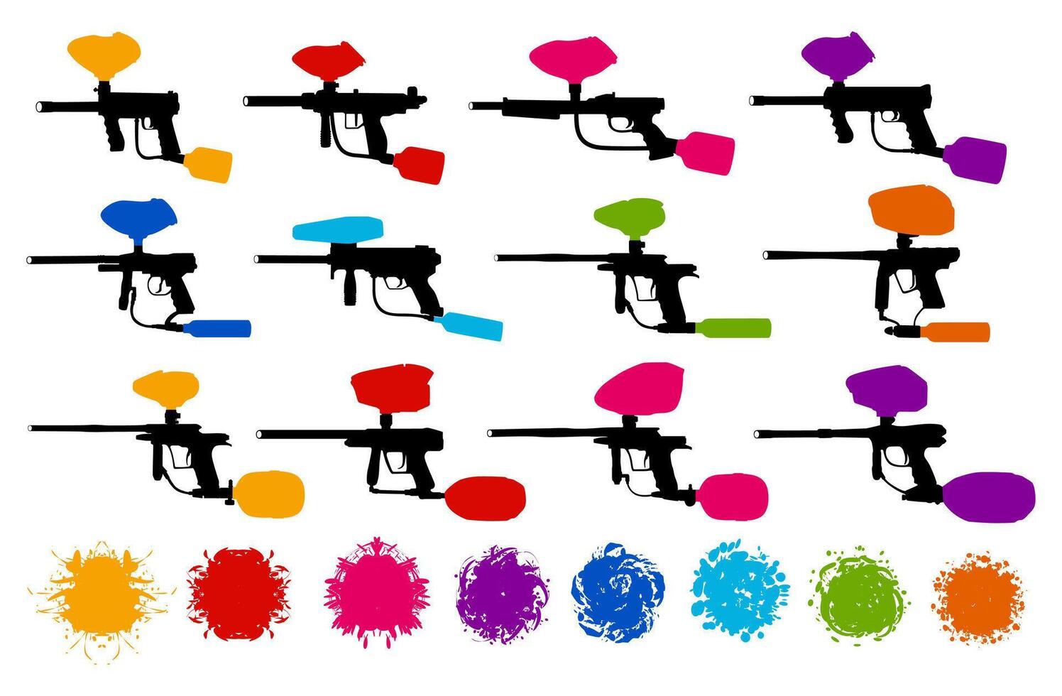 set paintball guns silhouette icon. Target marker splash paint vector illustration