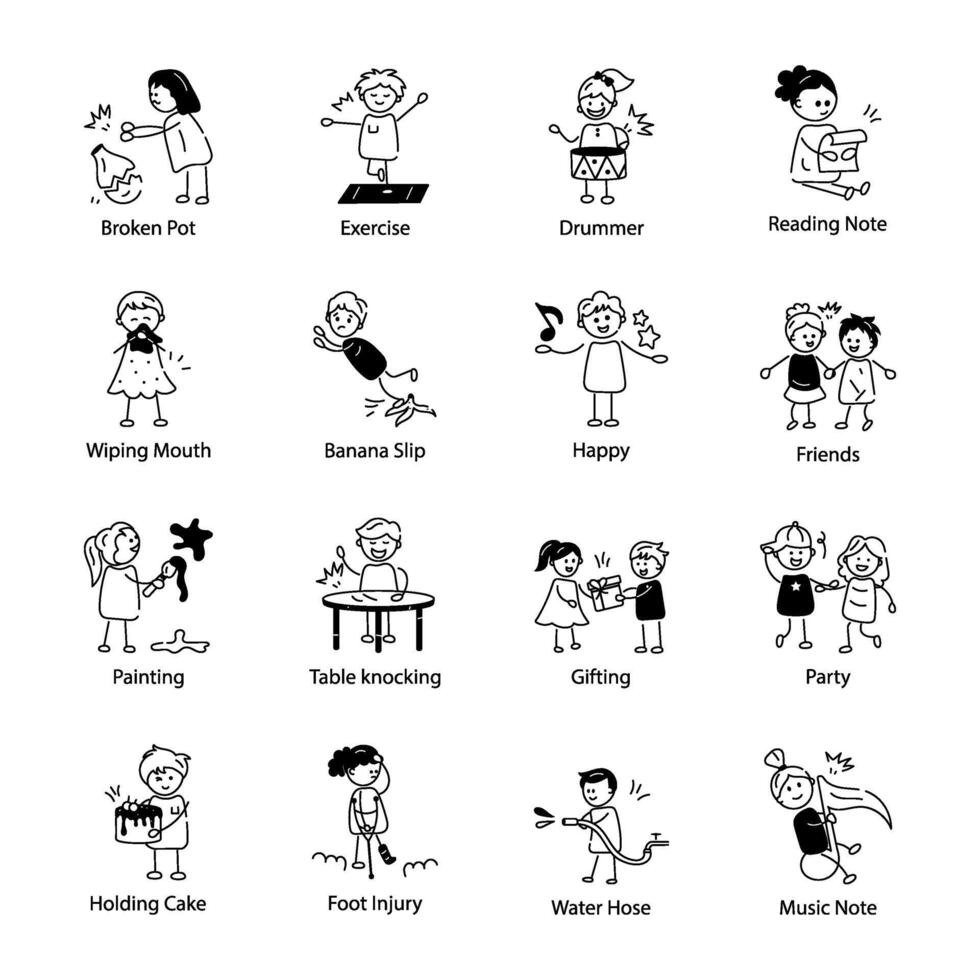 Set of 16 Toddlers Doodle Icons vector