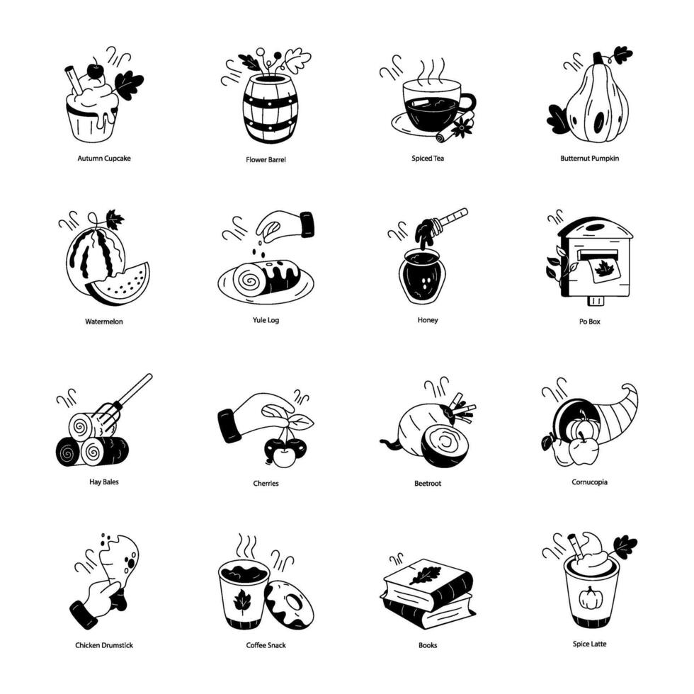 Autumn and Thanksgiving Hand Drawn Icons vector