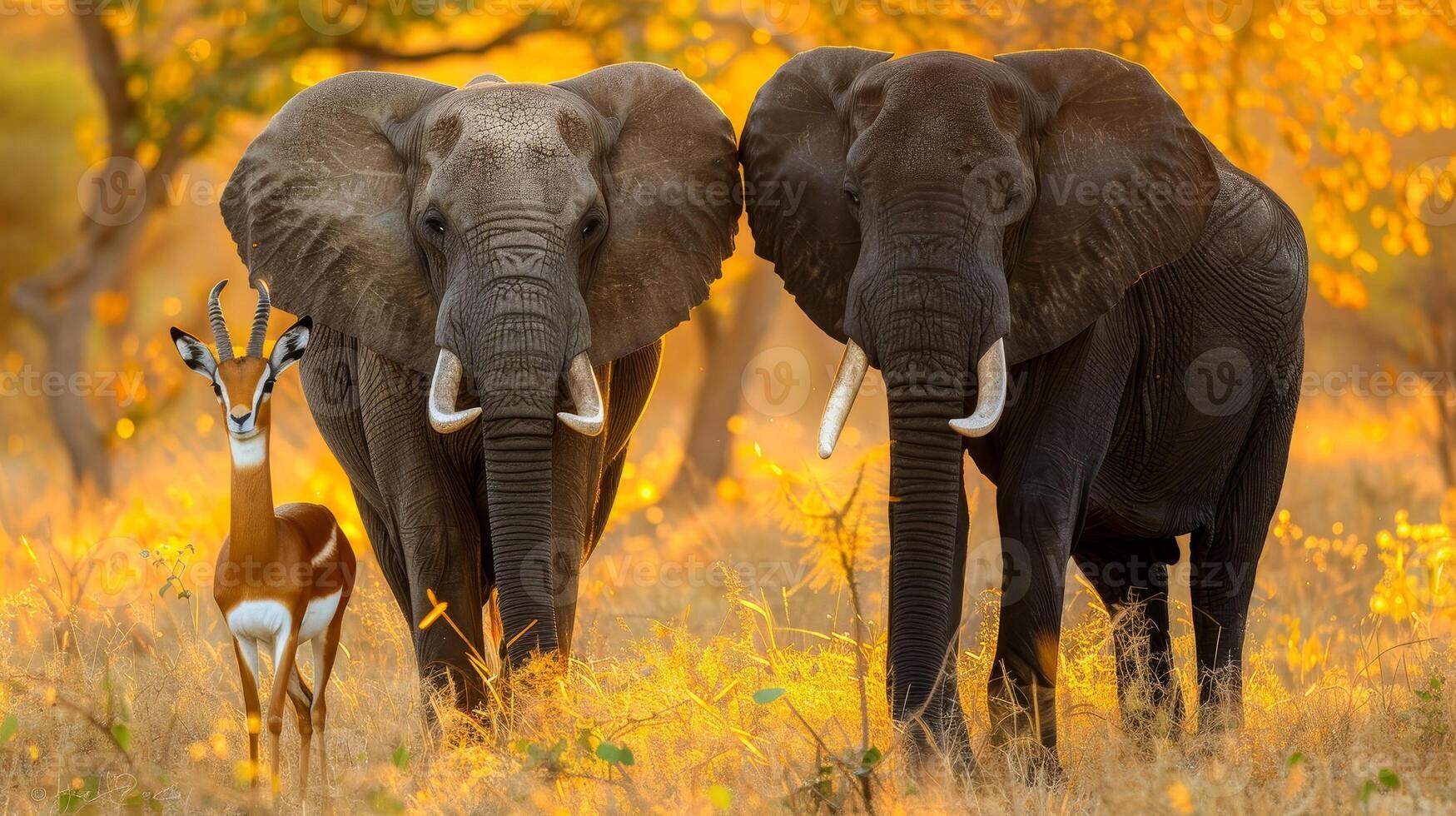 AI generated Elephant and gazelle in golden savannah, symbolizing unity and serenity for wildlife sanctuary ad photo