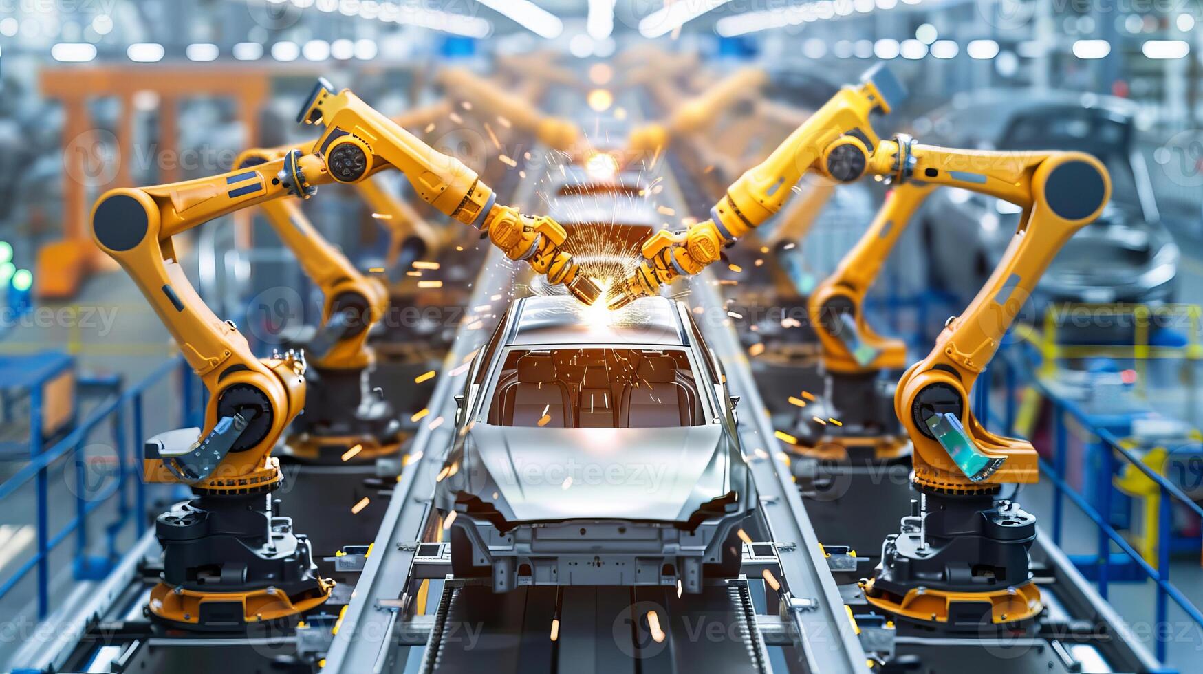 AI generated Robotic arms welding car parts in high speed production line with precision and technology emphasis photo