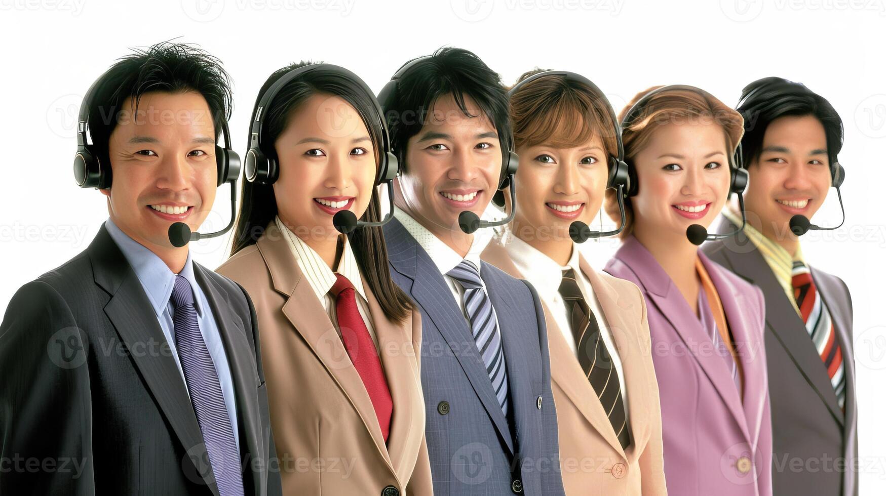 AI generated Asian professionals in modern call center providing customer service assistance. photo