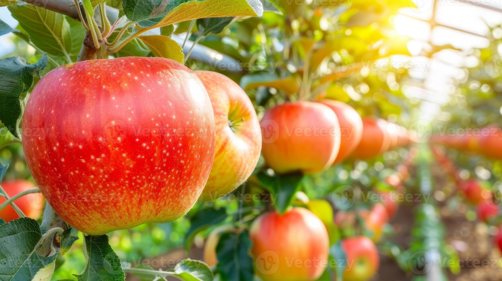 AI generated Organic apples growing on tree in greenhouse, healthy fruits concept with space for text placement photo
