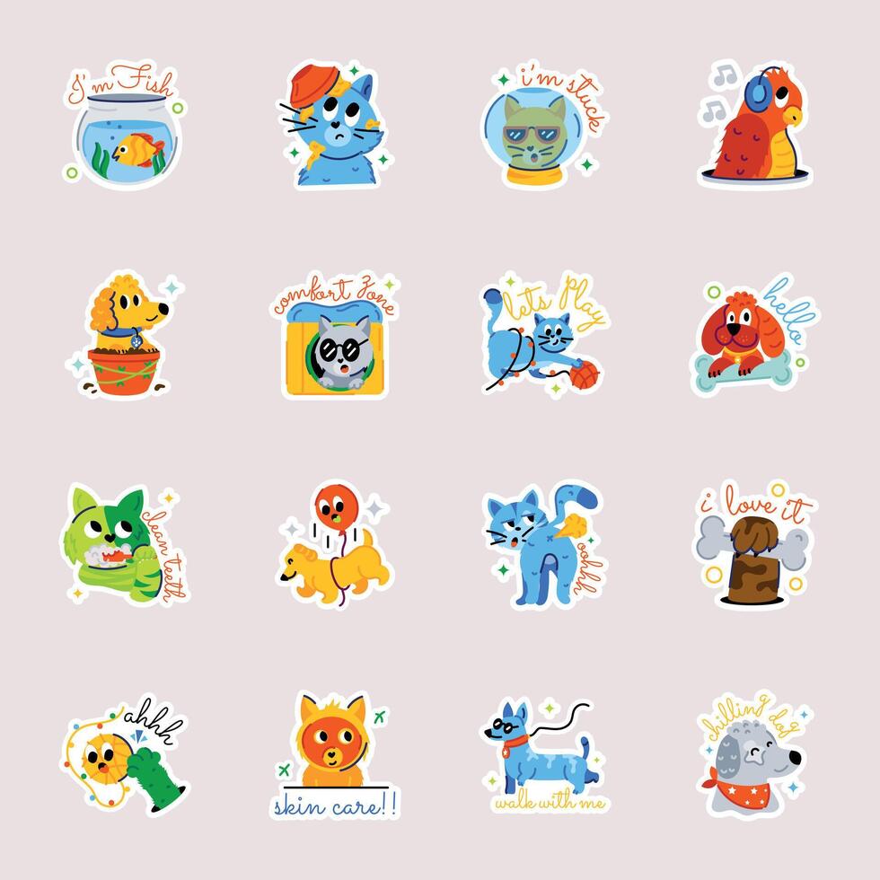Pack of Cute Animals Flat Stickers vector