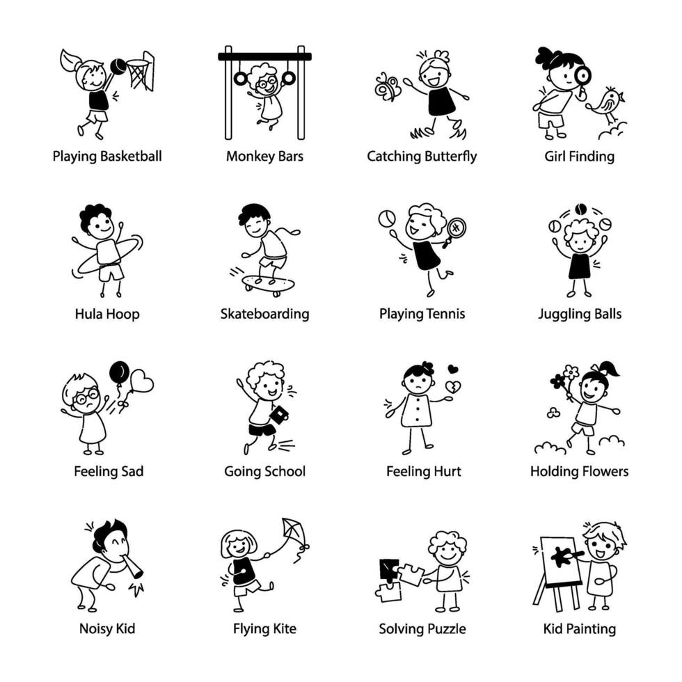 Collection of Playing Kids Doodle Icons vector