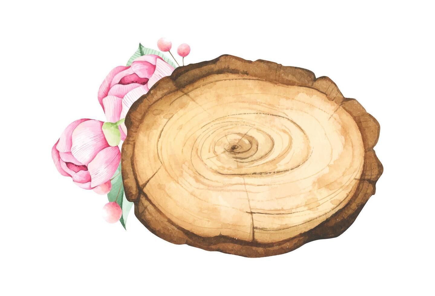 Wooden slice with floral decoration. Watercolor illustration. vector