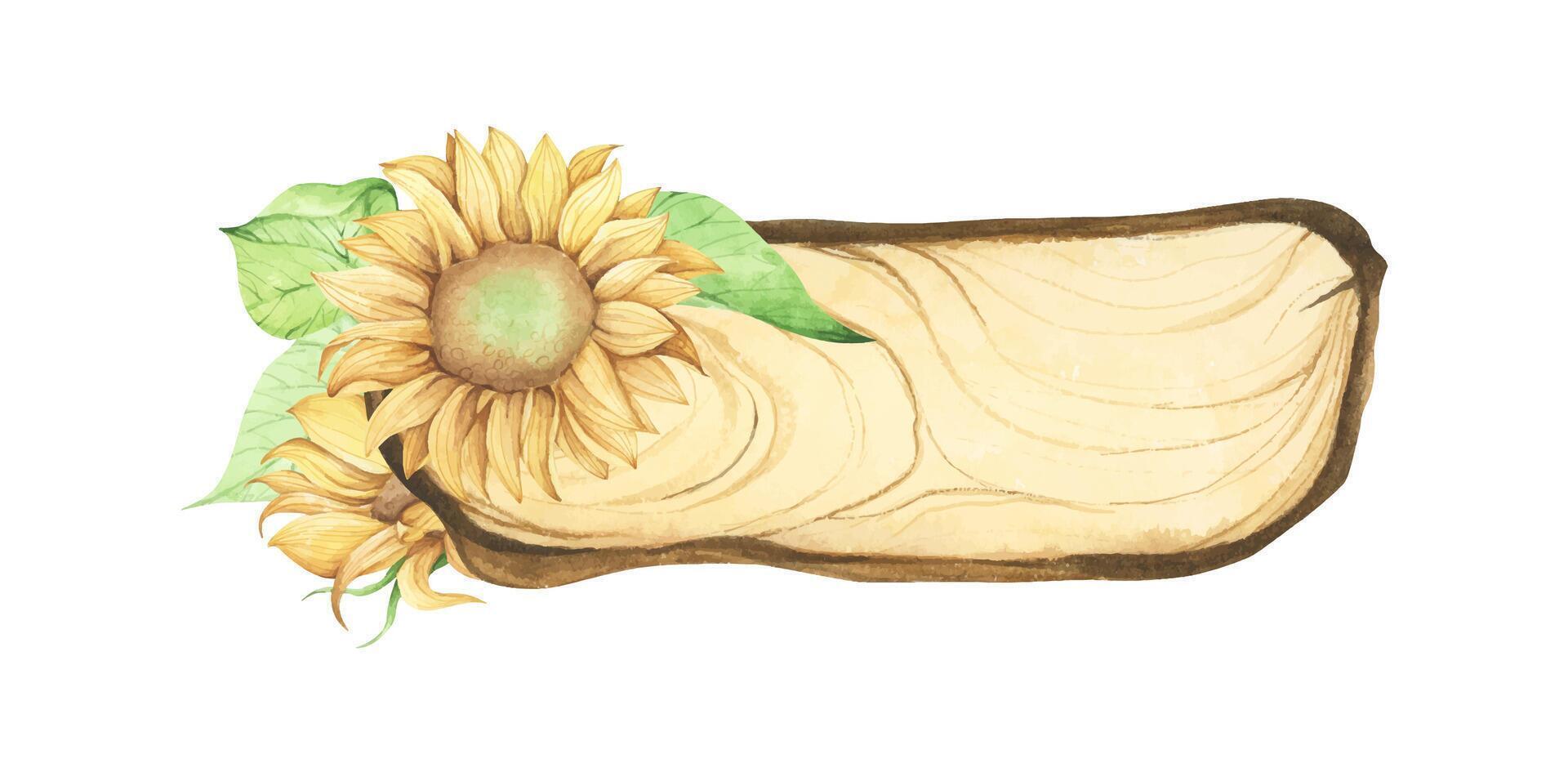 Wooden slice with floral decoration. Watercolor illustration. vector