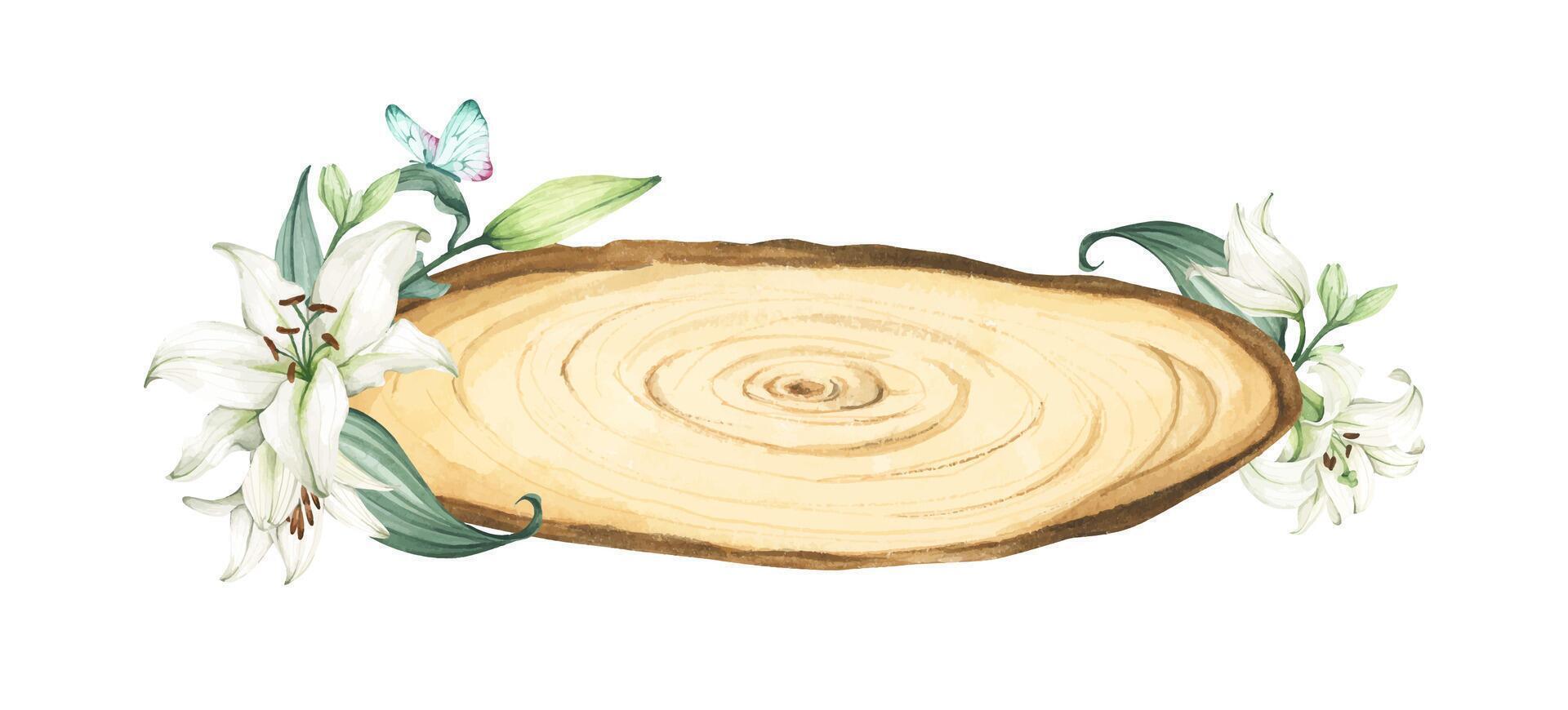 Wooden slice with floral decoration. Watercolor illustration. vector
