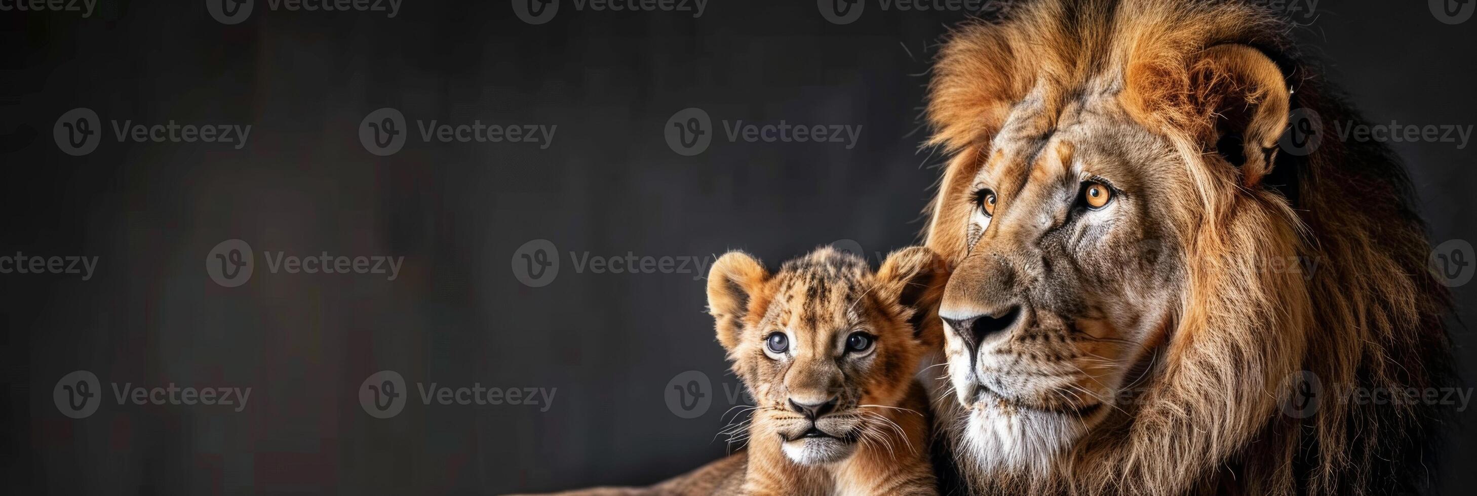 AI generated Male lion and lion cub portrait with empty space on left for text, object on right side photo