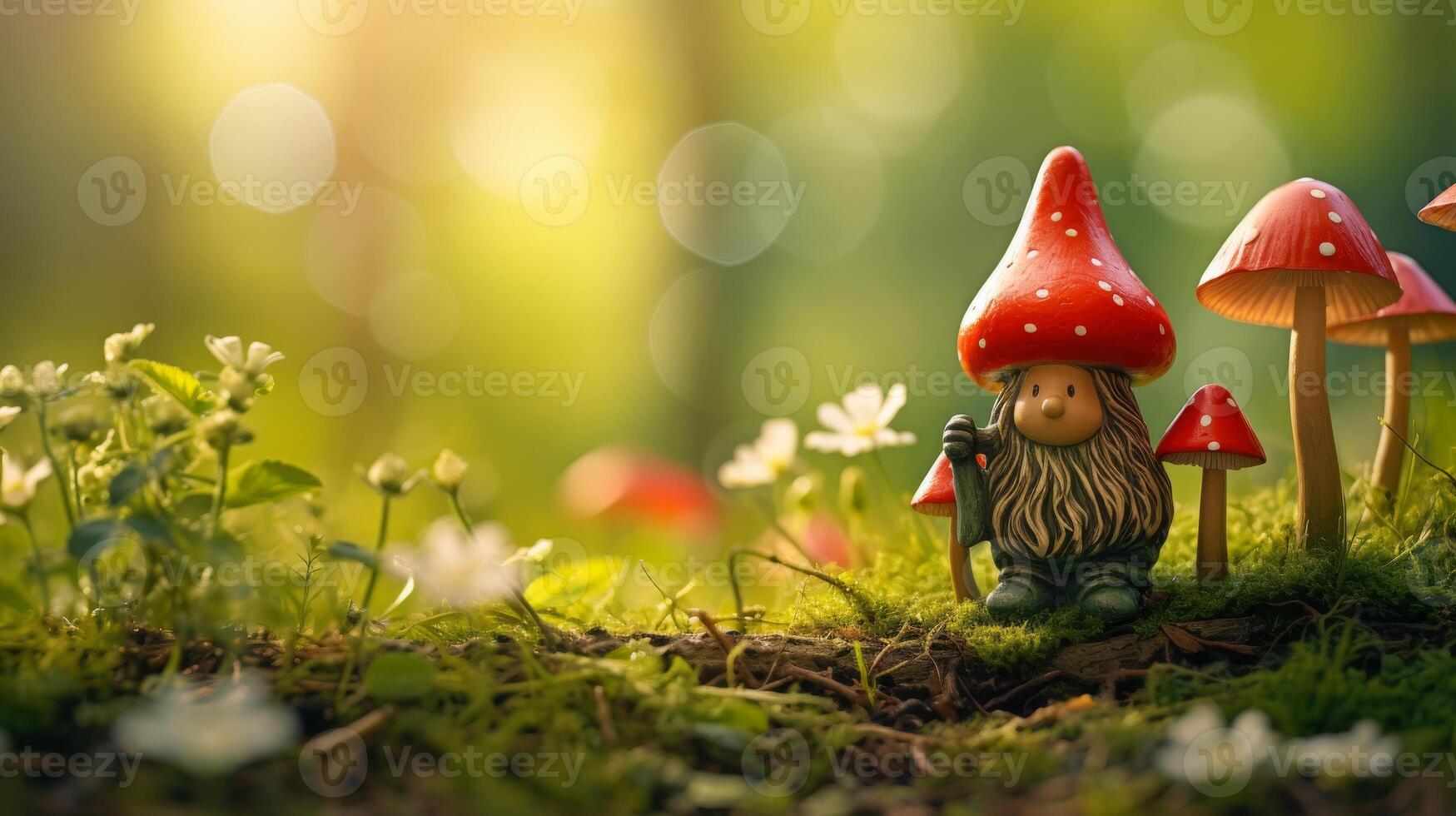 AI generated Garden gnome in spring forest with greenery on blurred natural background, copy space photo