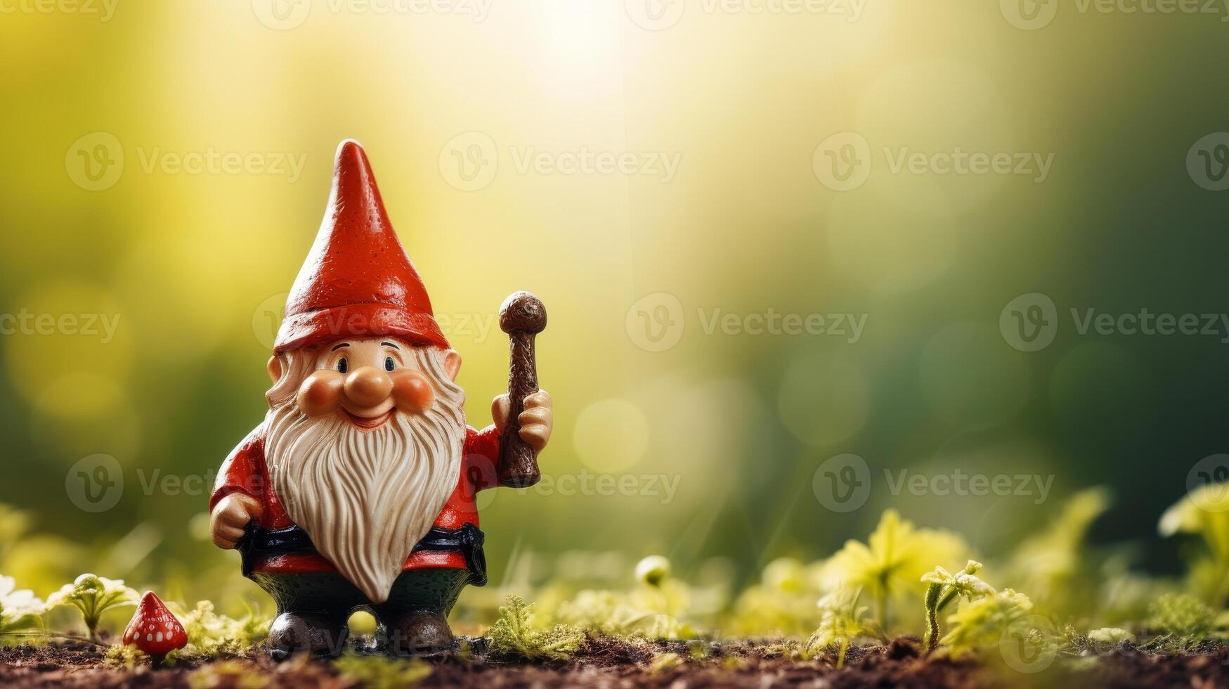 AI generated Garden gnome in spring forest with greenery, on blurred natural background for text placement. photo