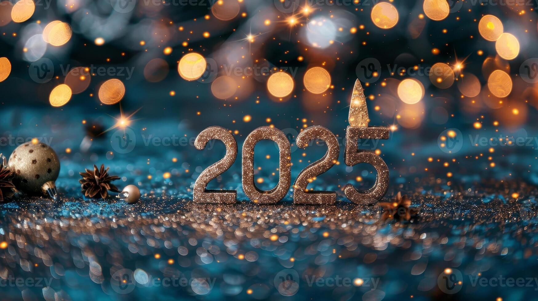 AI generated 2025 new year greeting card with 3d golden 2025 on dark background with fireworks
